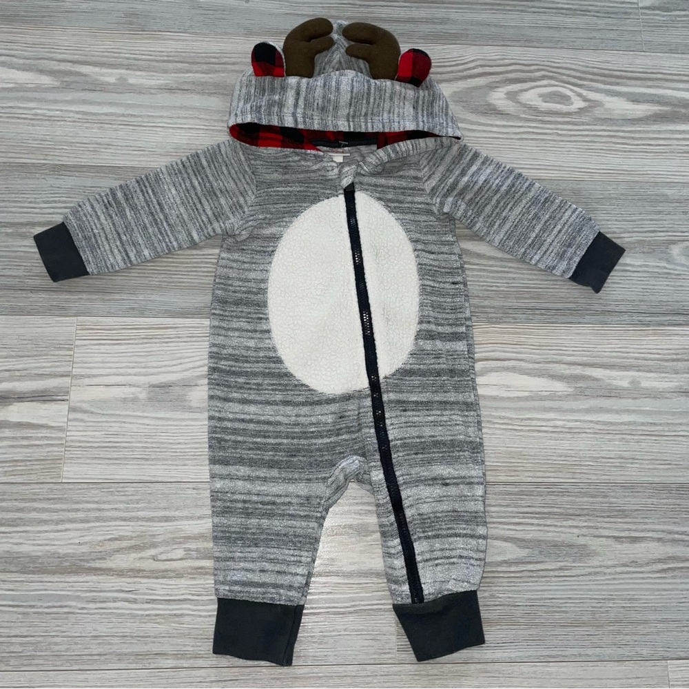 Cat & Jack Baby Boys Hooded Romper 6 Months Gray Antler Ears Zip One Piece